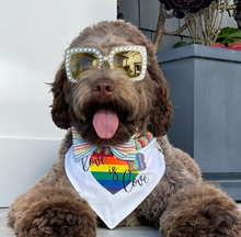 Load image into Gallery viewer, Love is Love Rainbow Heart Dog Bandana with soft macrame cord tie closure available with or without trim
