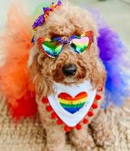 Load image into Gallery viewer, Love is Love Rainbow Heart Dog Bandana with soft macrame cord tie closure available with or without trim
