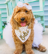 Load image into Gallery viewer, Gold and White Polka Dot Dog Bandana with soft macrame cord tie closure
