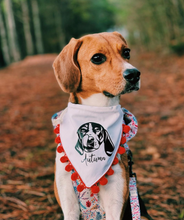 Load image into Gallery viewer, Choose Your Dog Breed and Pom Color Dog Bandana with Soft Macrame Cord Tie Closure FREE personalization
