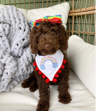 Load image into Gallery viewer, Quick Stitch Rainbow Machine Embroidered Dog Bandana with Soft Macrame Cord Tie Closure
