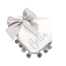 Load image into Gallery viewer, Silver Sparkle With Satin Bow Dog Bandana with Soft Macrame Cord Tie Closure
