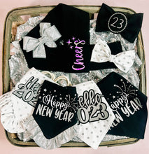 Load image into Gallery viewer, Happy New Year silver Glitter ruffle dog bandana with soft macrame cord tie closure available with or without ribbon ruffle trim (Look for matching hair bow)
