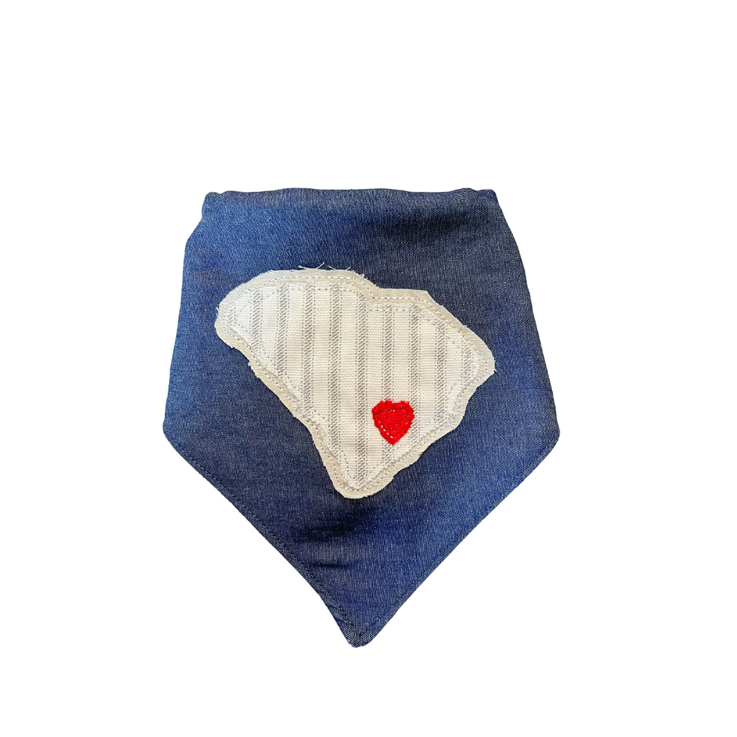 State of South Carolina machine applique dog bandana with soft macrame cord tie closure