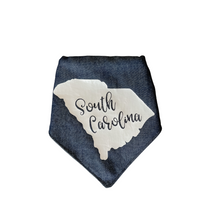Load image into Gallery viewer, State of South Carolina with script words dog bandana with soft macrame cord tie closure

