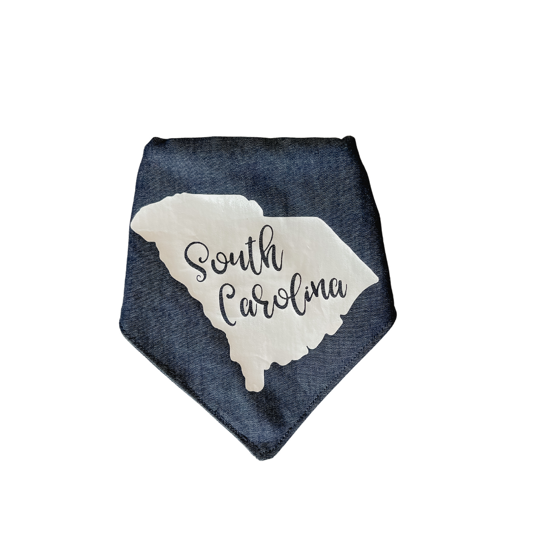State of South Carolina with script words dog bandana with soft macrame cord tie closure