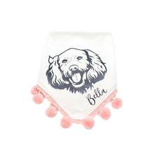 Load image into Gallery viewer, Choose Your Dog Breed and Pom Color Dog Bandana with Soft Macrame Cord Tie Closure FREE personalization
