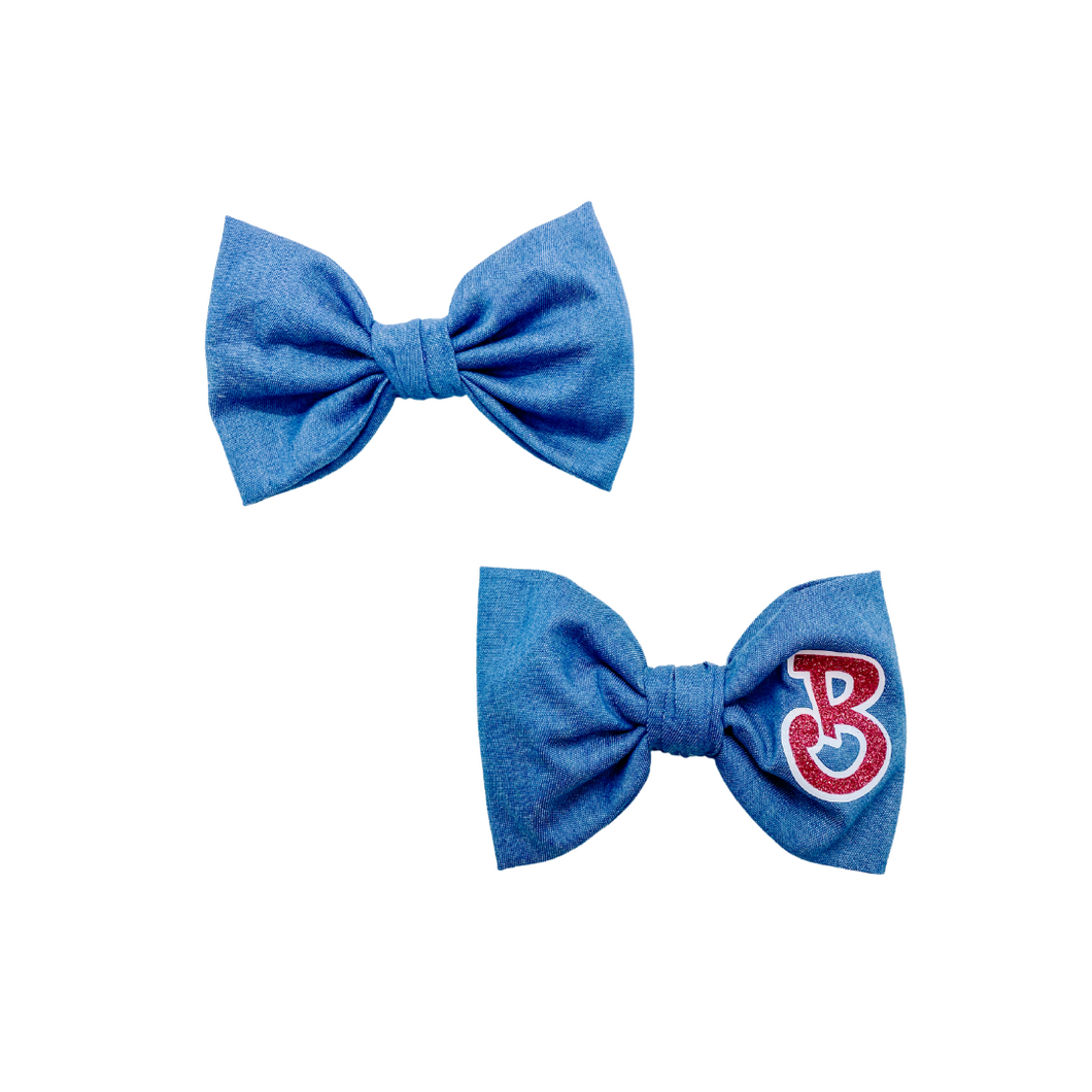 Lightweight Denim Cotton Bow Tie- Optional Over the Collar or Hair Bow- Optional Letter Added