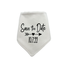 Load image into Gallery viewer, Save the Date Custom Wedding Bandana with soft macrame cord tie closure
