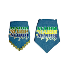 Load image into Gallery viewer, Mardi Gras dog bandana with soft macrame cord tie closure available with or without ribbon ruffle trim (Look for matching hair bow)
