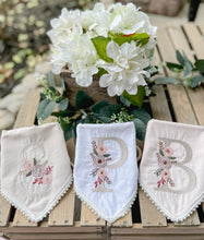 Load image into Gallery viewer, Floral Monogram Machine Embroidered Dog Bandana with Soft Macrame Cord Tie Closure. Choose your letter. Available in three colors
