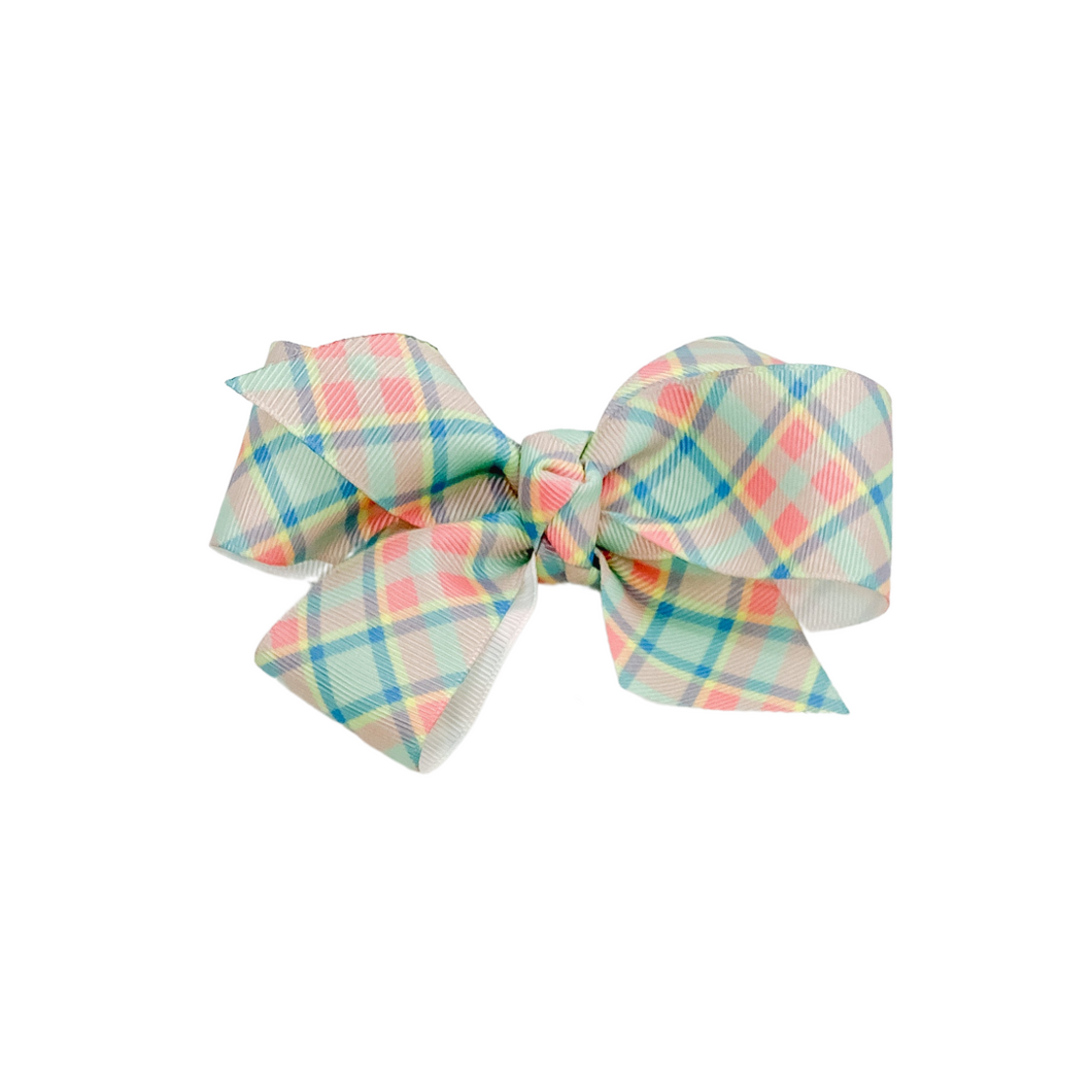 Yellow and Turquoise Plaid 1.5 in Grosgrain Hairbow (Look for matching bandana in custom collection)  Made with an Alligator Hairclip or elastic headband