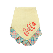 Load image into Gallery viewer, Yellow and Turquoise Plaid Ruffle Bandana with Soft Macrame Cord Tie Closure  (Look for matching hairbow) Matching Hairbow
