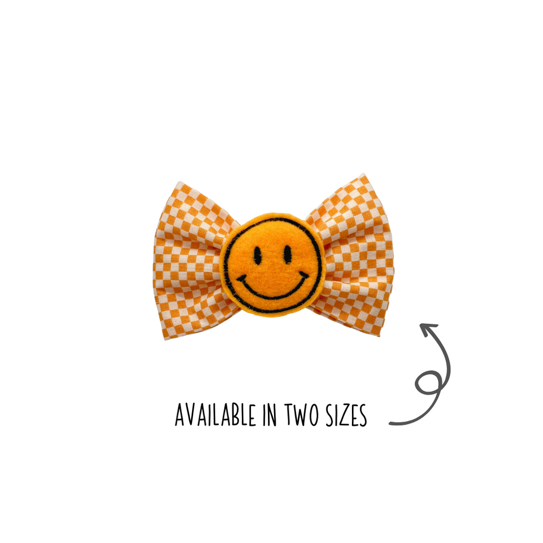 Yellow check Bow Tie with embroidered feltie Smiley Face center made with Alligator hair clip, over the collar or elastic headband (2 sizes available)