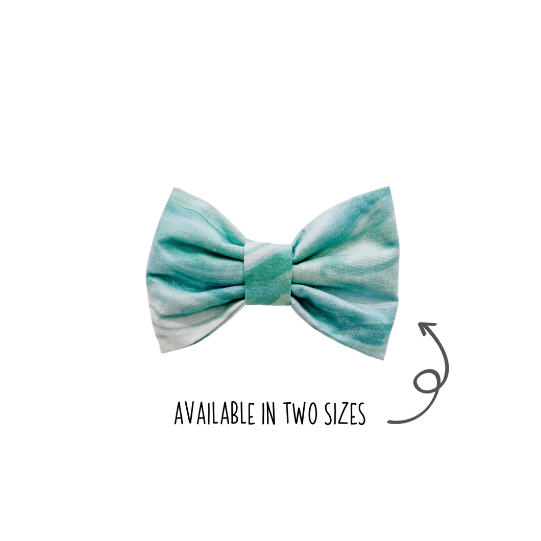 Green tie dye Bow Tie made with Alligator hair clip, over the collar or elastic headband (2 sizes available)