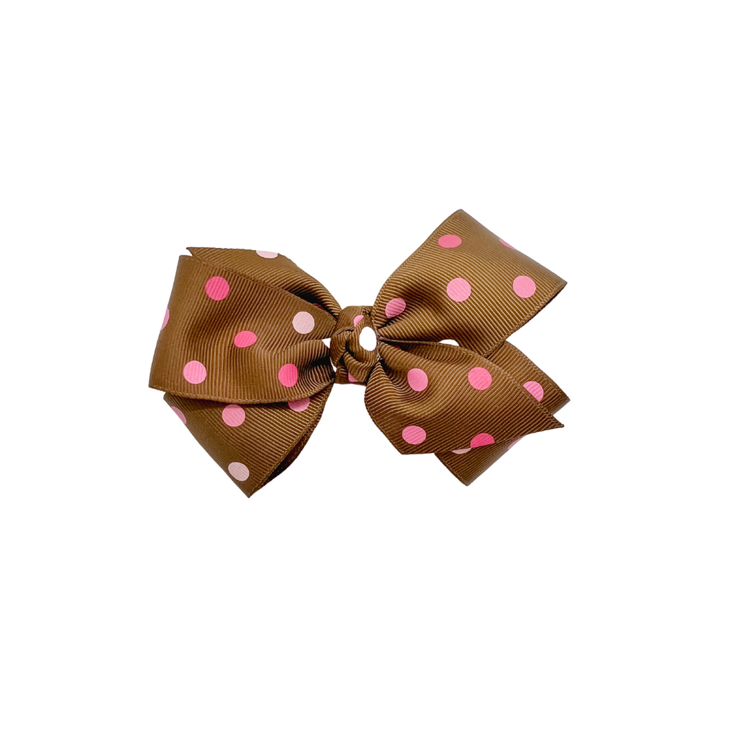 Brown with pink polka- lighter dye lot dot 1.5in Grosgrain Hairbow