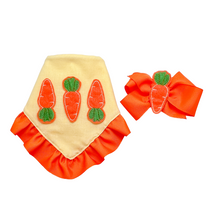 Load image into Gallery viewer, Carrot Feltie dog bandana with soft macrame cord tie closure available with or without ruffle trim (look for matching hair bow and bow tie)
