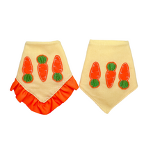 Load image into Gallery viewer, Carrot Feltie dog bandana with soft macrame cord tie closure available with or without ruffle trim (look for matching hair bow and bow tie)
