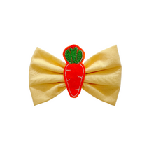 Load image into Gallery viewer, Yellow Bow Tie with embroidered feltie carrot center made with Alligator hair clip, over the collar or elastic headband (2 sizes available)
