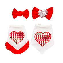 Load image into Gallery viewer, Embroidered heart red flannel Bow Tie made with Alligator hair clip, over the collar or elastic headband (2 sizes available)
