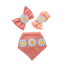 Load image into Gallery viewer, Feltie daisy dog bandana with soft macrame cord tie closure (look for matching hair bow and bow tie)
