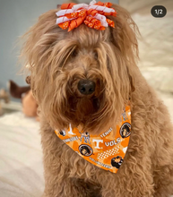 Load image into Gallery viewer, Orange and White Korker Bow made with an  Alligator Hair clip or elastic headband
