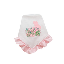 Load image into Gallery viewer, Floral Bunny Embroidered dog bandana with soft macrame cord tie closure available with or without ruffle trim
