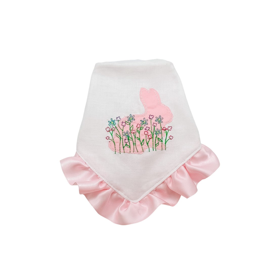 Floral Bunny Embroidered dog bandana with soft macrame cord tie closure available with or without ruffle trim