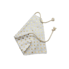 Load image into Gallery viewer, Gold and White Polka Dot Dog Bandana with soft macrame cord tie closure
