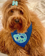 Load image into Gallery viewer, Let&#39;s Find Peace Machine Applique Dog Bandana with Soft Macrame Cord Tie Closure
