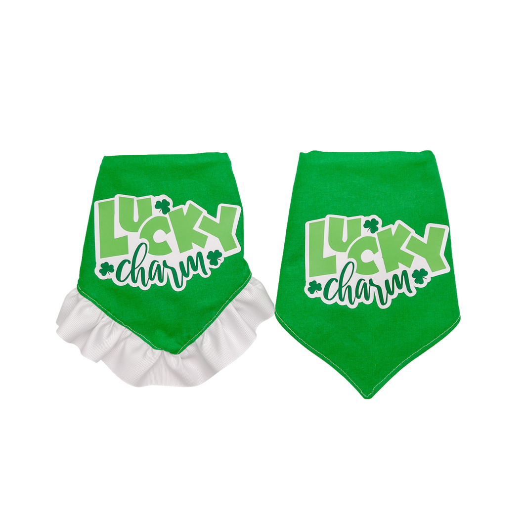 Lucky Charm dog bandana with soft macrame cord tie closure available with or without white ruffle trim