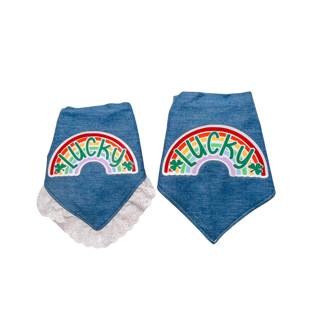 Lucky Rainbow dog bandana with soft macrame cord tie closure available with or without white eyelet lace trim. Look for matching rainbow hair bow and bow tie