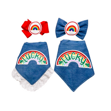 Load image into Gallery viewer, Lucky Rainbow dog bandana with soft macrame cord tie closure available with or without white eyelet lace trim. Look for matching rainbow hair bow and bow tie
