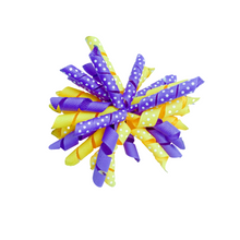 Load image into Gallery viewer, Purple and Yellow Korker Hair bow Made with an Alligator Hair clip or elastic headband
