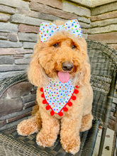 Load image into Gallery viewer, Rainbow Dot Bow Tie made with Alligator hair clip, over the collar or elastic headband
