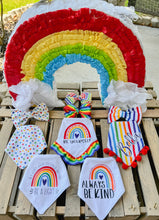 Load image into Gallery viewer, Be Yourself Rainbow dog bandana with soft macrame cord tie closure available with or without ribbon ruffle trim (Look for matching hair bow)
