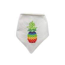 Load image into Gallery viewer, Rainbow Pineapple machine embroidered dog bandana with soft macrame cord tie closure
