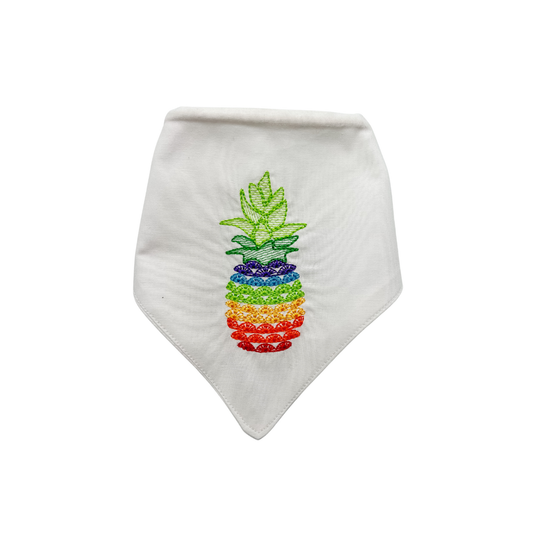 Rainbow Pineapple machine embroidered dog bandana with soft macrame cord tie closure