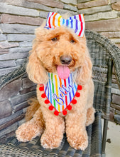 Load image into Gallery viewer, Reversible rainbow stripe and polka dot dog bandana with soft macrame cord tie closure available with optional pom trim. FREE PERSONALIZATION (Look for matching hair bow)
