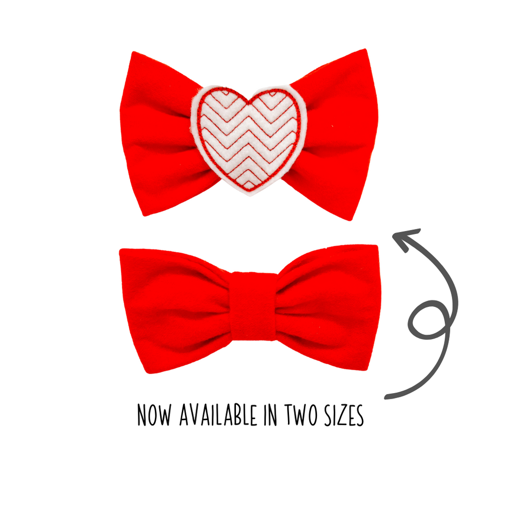 Embroidered heart red flannel Bow Tie made with Alligator hair clip, over the collar or elastic headband (2 sizes available)