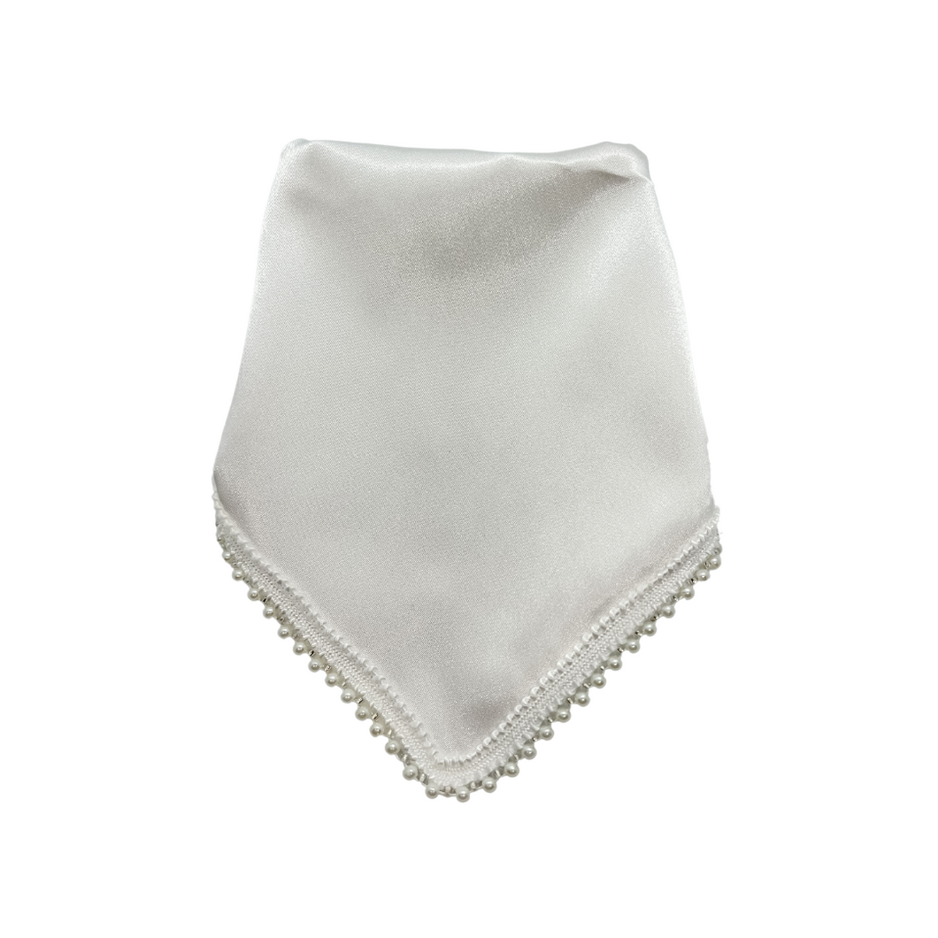 White Satin with Pearl Trim Dog Bandana with soft macrame cord tie closure ( Look for matching bow)