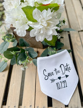 Load image into Gallery viewer, Save the Date Custom Wedding Bandana with soft macrame cord tie closure
