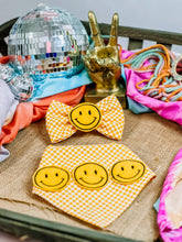 Load image into Gallery viewer, Feltie Smiley Face dog bandana with soft macrame cord tie closure (look for matching hair bow and bow tie)
