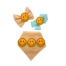 Load image into Gallery viewer, Feltie Smiley Face dog bandana with soft macrame cord tie closure (look for matching hair bow and bow tie)
