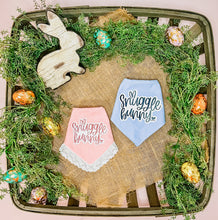 Load image into Gallery viewer, Snuggle bunny dog bandana with soft macrame cord tie closure available with or without eyelet ruffle trim (pink or blue option)
