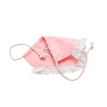 Load image into Gallery viewer, Snuggle bunny dog bandana with soft macrame cord tie closure available with or without eyelet ruffle trim (pink or blue option)
