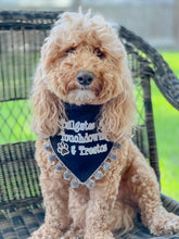 Load image into Gallery viewer, Tailgates, Touchdowns and Treatos dog bandana with soft macrame cord tie closure available with or without pom trim
