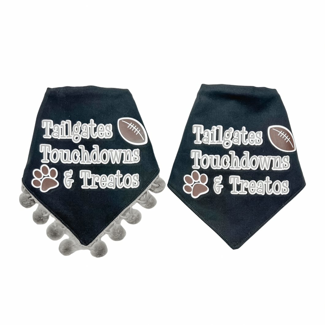 Tailgates, Touchdowns and Treatos dog bandana with soft macrame cord tie closure available with or without pom trim