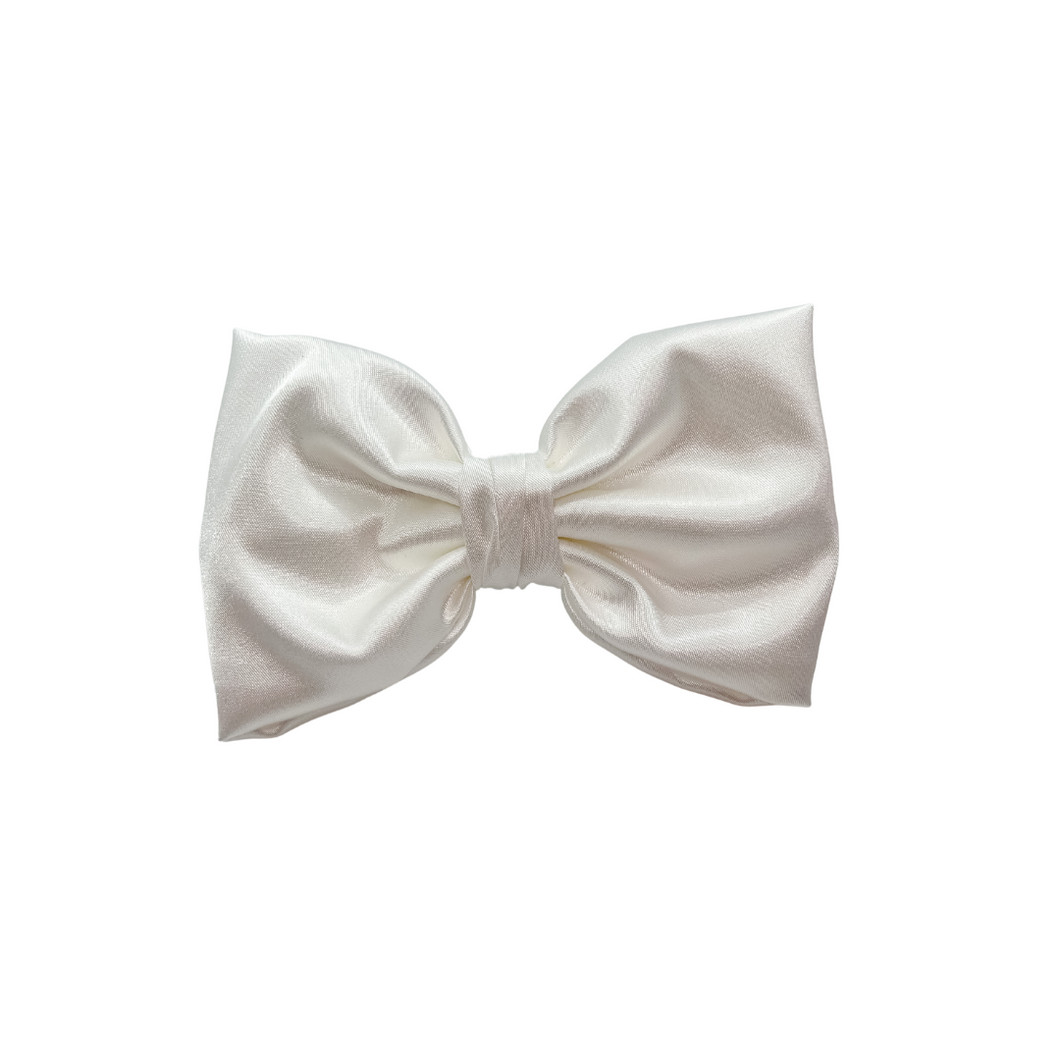 White Satin Bow Tie made with  Alligator hair clip, over the collar or elastic headband